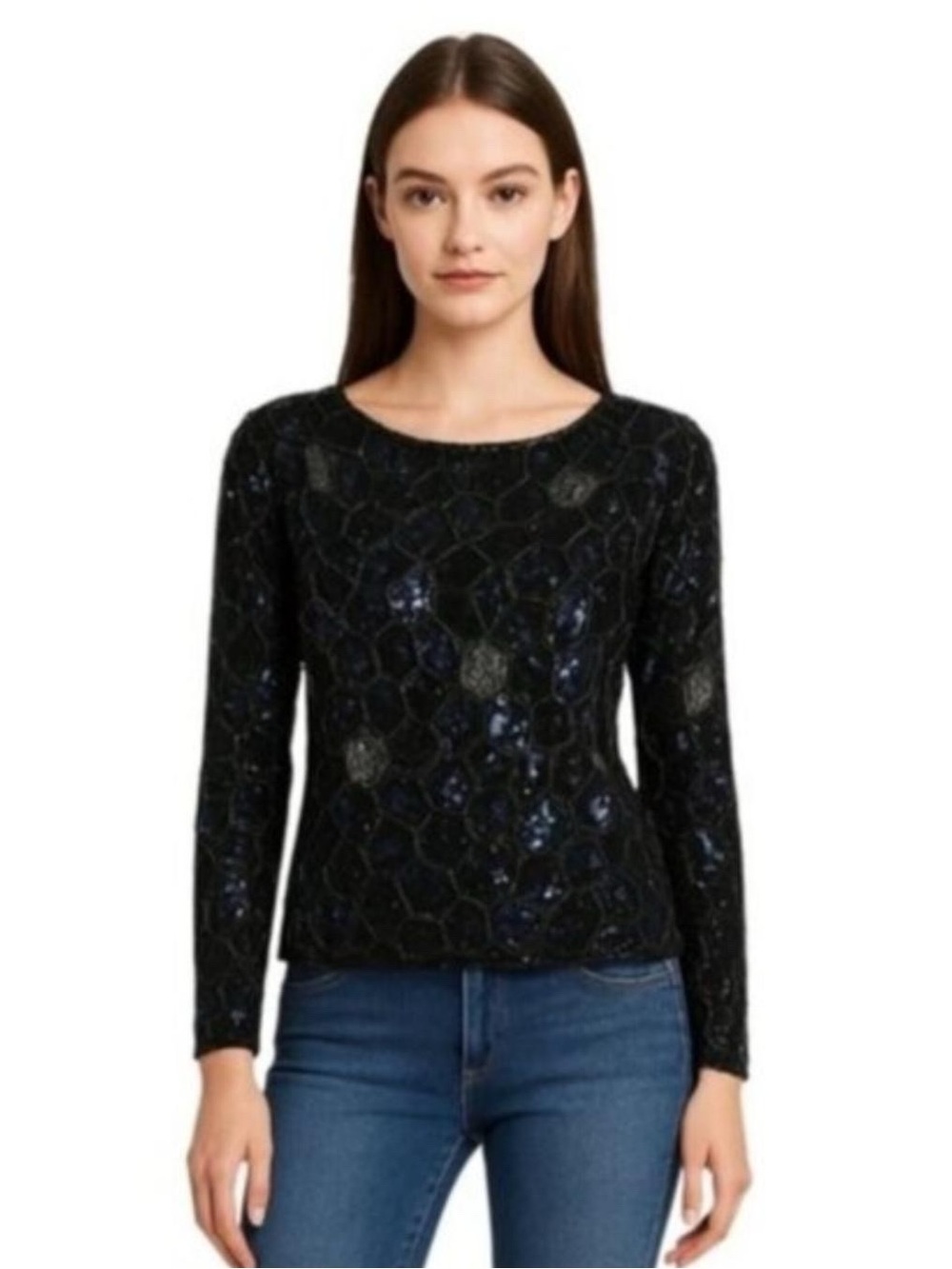 Swee lo Vintage Black Silk Sequin Beaded Long Sleeve Blouse